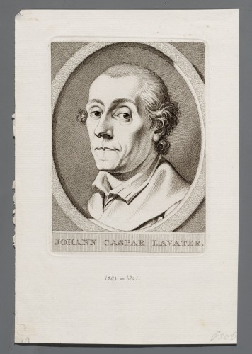 Ornamentprent. Portret Johann Caspar Lavater.